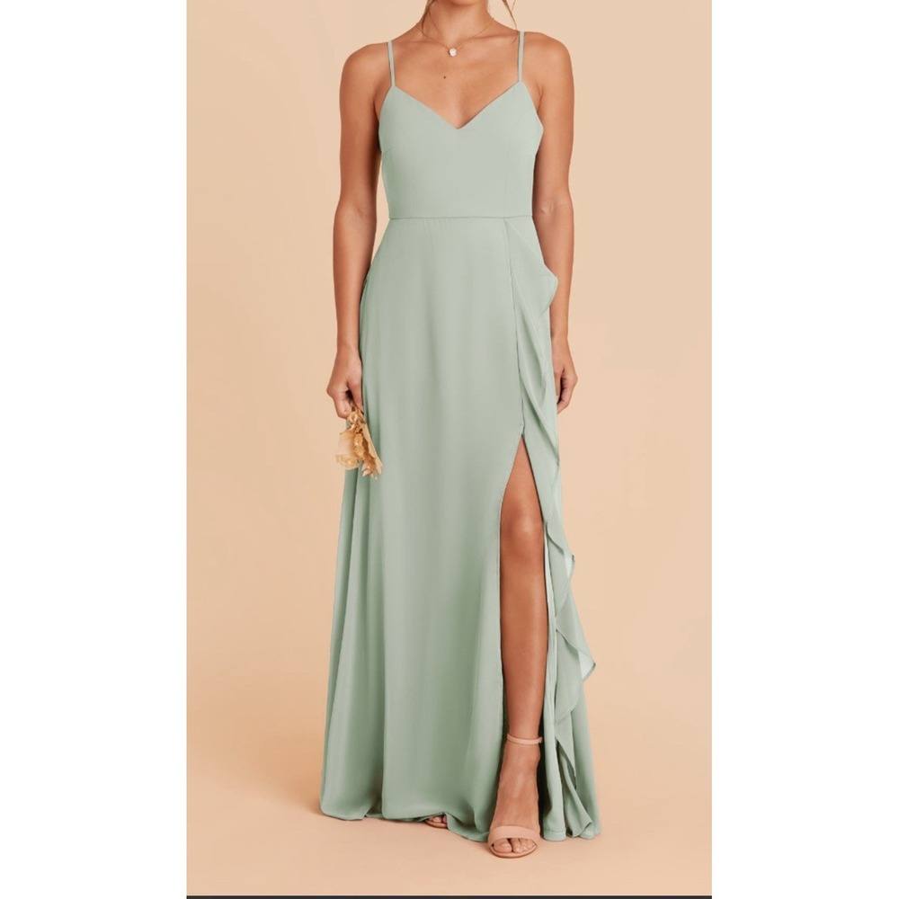 Birdy Grey Theresa Sz L Sea Glass chiffon gown bridesmaid dress slit pockets New